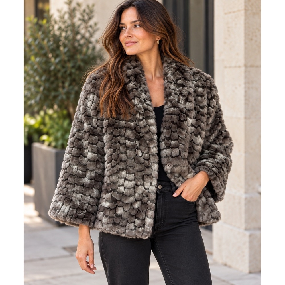 Nic + Zoe Womens Grey Faux Fur Luxury Scalloped Button Front  Winter Jacket Sz M